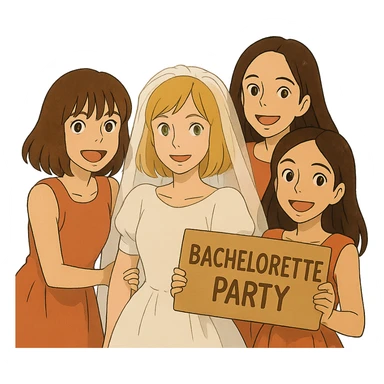 bachelorette party group of 4 girls, one with brown hair, blue eyes, fringe; two with brown hair; one bride with green eyes, blonde shoulder-length hair sticker
