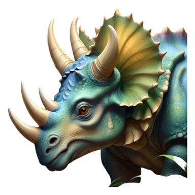 Beautiful and Majestic Triceratops Portrait Emoji, Head and body rendered in serene repose with a gentle, content smile, showcasing a robust, horned form with an intricately frilled head and eyes softly closed in tranquil repose, Simplified yet exquisitely endearing features, highly detailed, glowing with a soft, drowsy prehistoric light, high shine, relaxed and utterly majestic, stylized with an air of ancient splendor, soft glowing outline, capturing the essence of a beautiful and majestic Triceratops that embodies the timeless strength of the ancient world! sticker