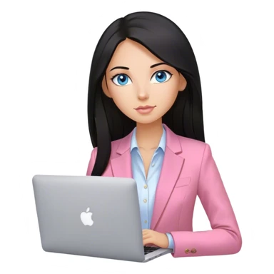 Beautiful russian girl, blue eyes, nude lips, tan, straight, smooth, long black hair, pink blazer, working with MacBook sticker