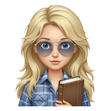 girl with long blond messy hair wearing grey plaid shirt with blue eyes and aviator sunglasses wearing a ring on her silver necklace, holding law books sticker