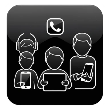 Minimalistic flat vector icon, iOS style, thin black contour on white background. Three small developer silhouettes around a smartphone with code brackets <>. Clean, no text, no shadows. sticker