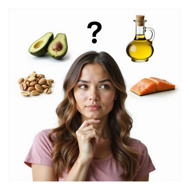 realistic woman with doubtful expression, surrounded by realistic icons of healthy fats (avocado, olive oil, nuts, salmon), question mark above head, hyperrealistic details, natural light, PNG without background, variant 3 sticker