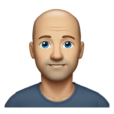 45-year-old man with a slightly round face, very short, almost shaved hair with a small central crest. He has blue eyes, subtle stubble. Only his head sticker