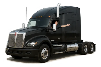 2026 Kenworth W680 semi sleeper, black with chrome stack, person in the cab with arm out the window, realistic and sharp, transparent background sticker