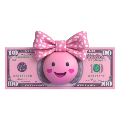$100 bill, 3D emoji style, alternating pink and white patterns, girly, with a bow instead of a smiley face sticker