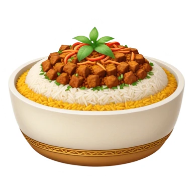 Cinematic Realistic Biryani Dish Emoji, depicted as aromatic basmati rice layered with spiced meat and herbs rendered with vibrant textures and warm, inviting lighting. sticker