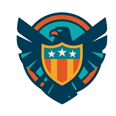 logo of a shield inspired by Marvel's S.H.I.E.L.D., stylized with abstract elements, eagle and shield, vibrant colors, dynamic sticker