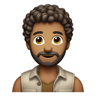 men holding his computer in hands. light brown skin men with curly dark brown hair, brown eyes, little grown beard. ust a tiny bit muscular. dressed casual. round face. sticker