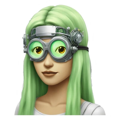 Light green long hair female cyborg head with silver steampunk goggles as a headband, circuits sticker
