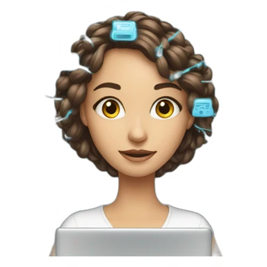 A young woman with a laptop and programming codes spinning around his head sticker