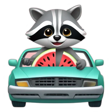 A raccoon with a watermelon behind the wheel of a car and a spanner sticker