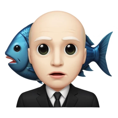 A man dressed in a black suit. His face is that of a fish — therefore, he has no human face. The fish’s face is positioned vertically, meaning its mouth is facing upward. sticker
