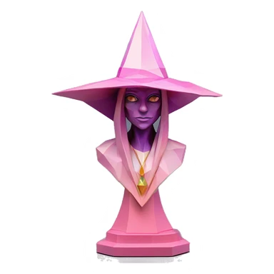 standalone sculpture Mage Witch Hat is geometric, faceted design. The sculpture is standing upright on a base with angular and Alphonse Mucha style. The vibrant midtone tints of pastels and pink highlights the sharp edges and planes.  sticker