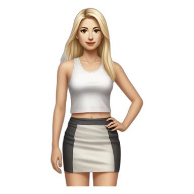 caucasian woman, with long straight hair, blonde hair, brown eyes, white tank top, gray tight mini skirt, black heel shoes, full body, hyperrealist drawing sticker