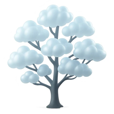 one tree with many branches, each branch covered with small, very bright white, saturated color, fluffy convex clouds, matte glass style, no background sticker
