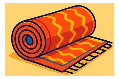 rolled up carpet, colorful and cartoonish sticker