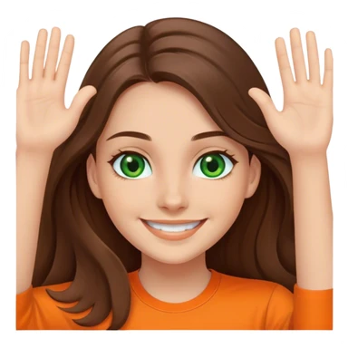 smiling girl with long brown hair, middle hair split, waving, green eyes, orange shirt sticker