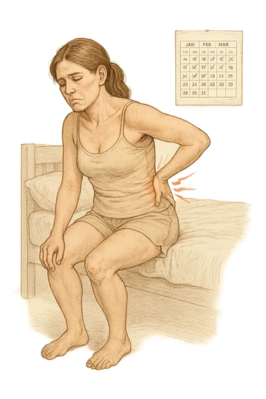 a woman in her 30s sits on the edge of her bed in the morning, holding her lower back with a pained expression. Subtle visual cues, like uneven shoulders or hips, hint at postural asymmetry. The room is softly lit, and a calendar on the wall shows months crossed off, symbolizing chronic pain over the years. vista anatomicamente sticker