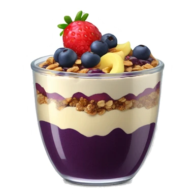 Açaí in a clear cup with layers of fruits and granola and condensed milk sticker