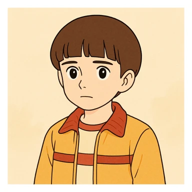 Create a character of Will Byers from Stranger Things inspired by the provided reference image. Use a simple line style with thick outlines, colored in light pastel tones, in the Ghibli style. Format the image in a 1:1 aspect ratio. sticker
