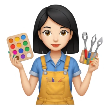 Créame emoji de una mujer que sea diseñadora industrial, pelo negra, piel morena, femenina con overol y una paleta de colores o herramientas de taller  sticker
