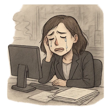 sad office employee at desk, tears streaming, computer and paperwork, stressed atmosphere, emotional expression sticker