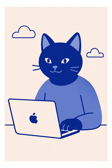 simple modern style cat sitting in front of a MacBook working sticker