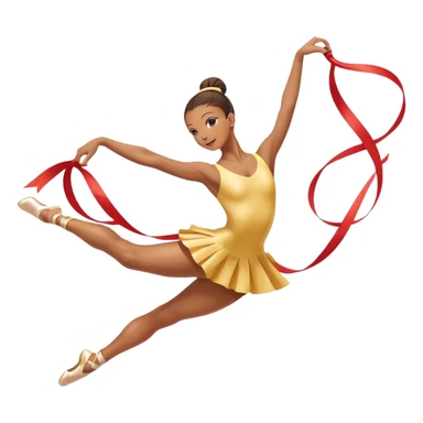 A graceful rhythmic gymnast performing with a flowing ribbon, executing an elegant leap mid-air. The pose exudes flexibility, balance, and artistry. The background suggests a competition arena with soft lighting, emphasizing movement, precision, and the beauty of the sport. sticker