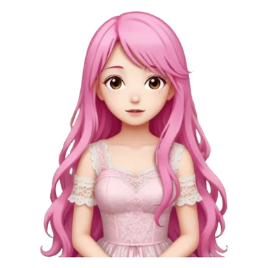 pastel anime woman with pink and white lace dress full body and long hair in a rose garden background sticker
