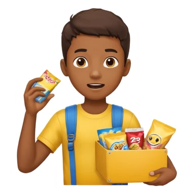 A young vendor boy with a snacks box strapped to his chest, calling out loudly. sticker