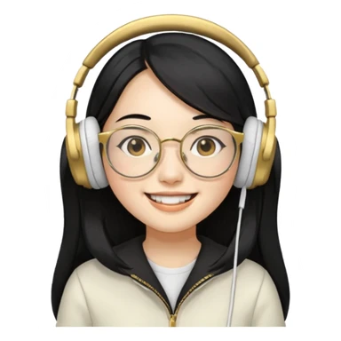 generate an asian female with long black hair, golden rim glasses, and a white headphones sticker