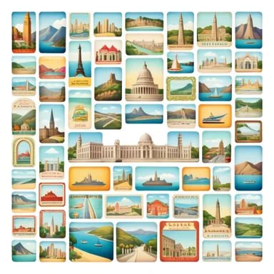 Icon for Postcard Collecting: a collection of colorful vintage postcards, featuring scenic views, landmarks, and greetings, arranged neatly in an album or on a display board. The icon should convey the charm and nostalgia of postcard collecting. Transparent background. sticker