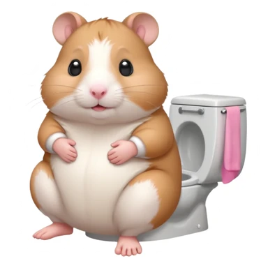Cute chubby cartoon-style hamster sitting on toilet, sticker-style illustration sticker