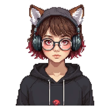 tan brunette girl with a short wolf haircut, round ruby glasses, black headphones, and a black hoodie sticker