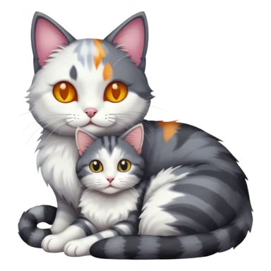 full body dark grey and white cat cuddling a colourful light patched calico + white tabby cat  sticker
