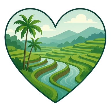 heart with a tranquil rice terrace landscape, clean digital illustration, no background sticker