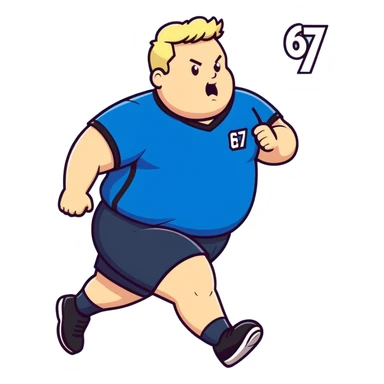 Overweight blonde man running with a blue uniform saying 67 sticker