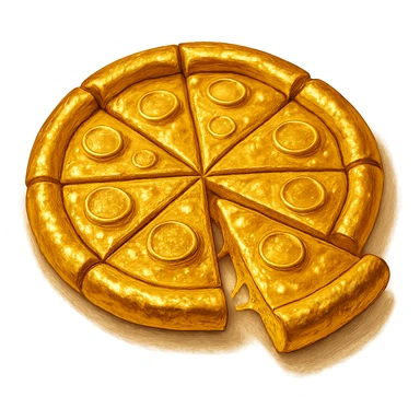 В cлегка рисованной, но при этом объемной и яркой стилистике сгенерируй картинку золотой пиццы, разделенной на кусочки, где один кусок вылезает в сторону. Пицца должна быть не желтой, а реально золотой, прозрачный фон sticker