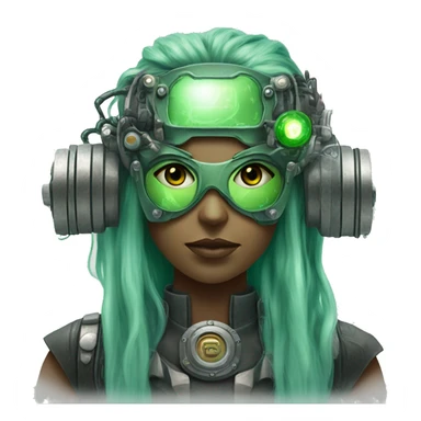 Green female cyborg head with green long hair, grey steampunk goggles and circuitry sticker
