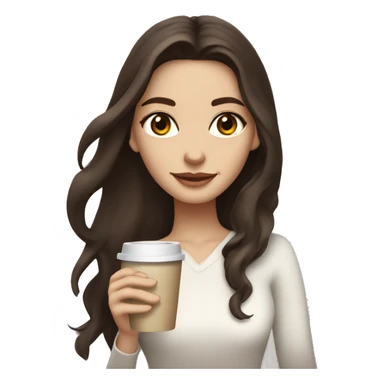 Brunette girl with long hair and dark brown glowy eyes  and white skin wearing vanilla soft clothes and holding coffee sticker