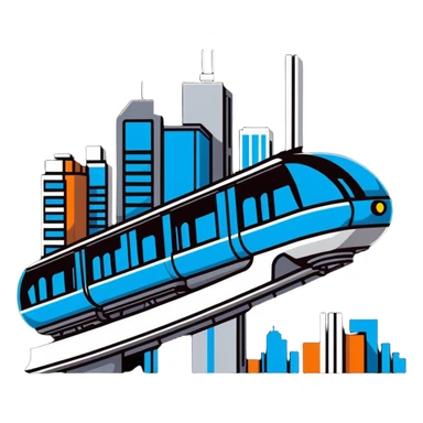 Futuristic monorail train curving above a cityscape with tall buildings sticker