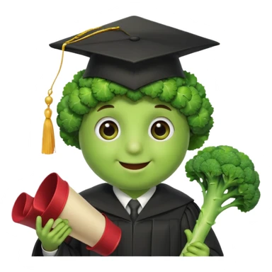 broccoli with a mortarboard, carrying a diploma scroll, with eyes and a happy expression sticker