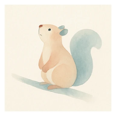a squirrel sitting on a branch, eyes looking up, appearing to ponder, soft painterly style sticker