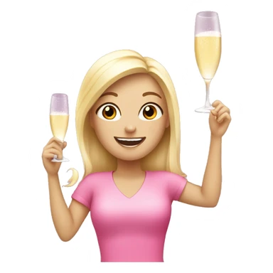 Blonde girl cheering up with champagne over head pink sticker