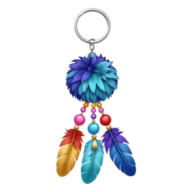 Keychain with big hanging feather and beads and soft fluffy big Pom-pom-balls attached    sticker