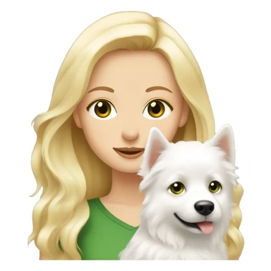 a white girl with green eyes, a blonde hugs a white Spitz puppy with brown eyes sticker