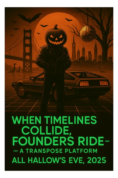 Add the words below the DeLorean, make the words neon retro green, When Timelines collide, Founders ride — a Transpose Platform All Hallows’ Eve, 2025.  sticker