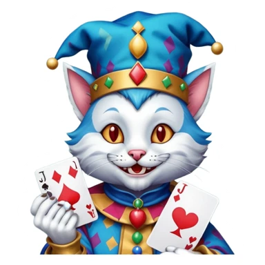 crazy colorful cute little cat jolly joker from poker, medieval, vintage, court jester, mac os icon, blue color, holds a single poker card on the right paw sticker