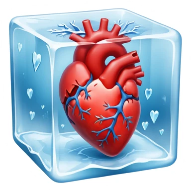 Ultra-realistic photo of a human heart frozen inside a clear ice cube, sharp details, icy texture, frost on the surface, studio lighting, 8k resolution sticker