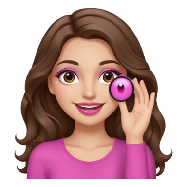 girl with long wavy brown hair, brown eyes, long lashes makeup, sexy pink lips, light to medium complexion, pink sexy top, smiling, hand covering eyes sticker